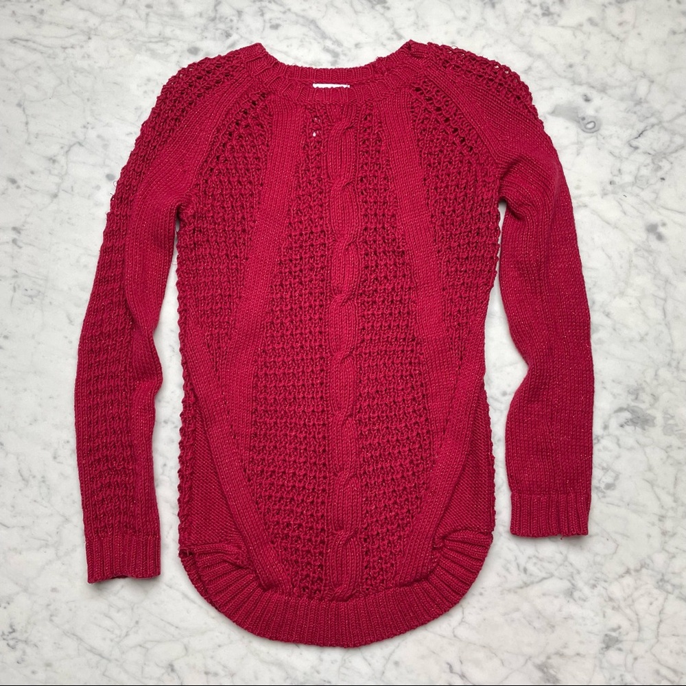Tahari Red Glitter Long Sleeve Cable Knit Tunic Sweater